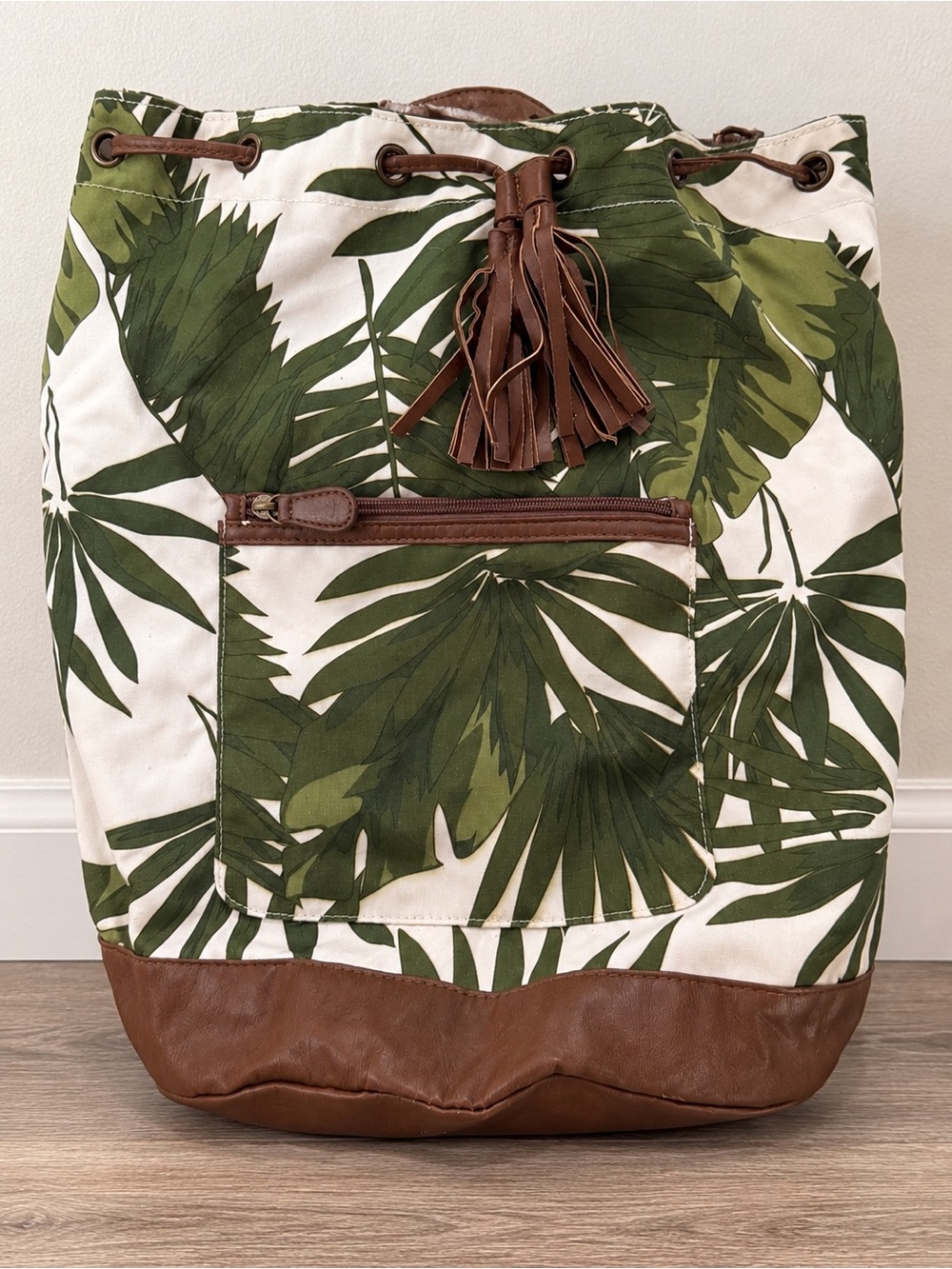 Xhilaration Green Palm Print Canvas Shoulder Bag with Brown Trim